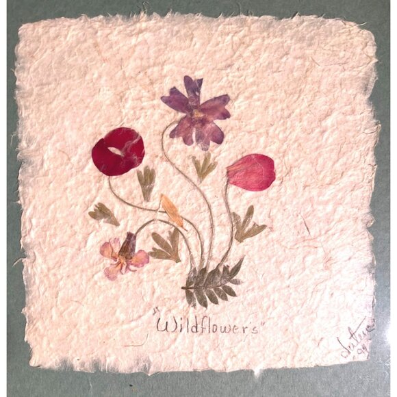 Light Wooden Framed Light Green Mat Pressed Flower Art "Wildflowers" Signed By S - Picture 4 of 6